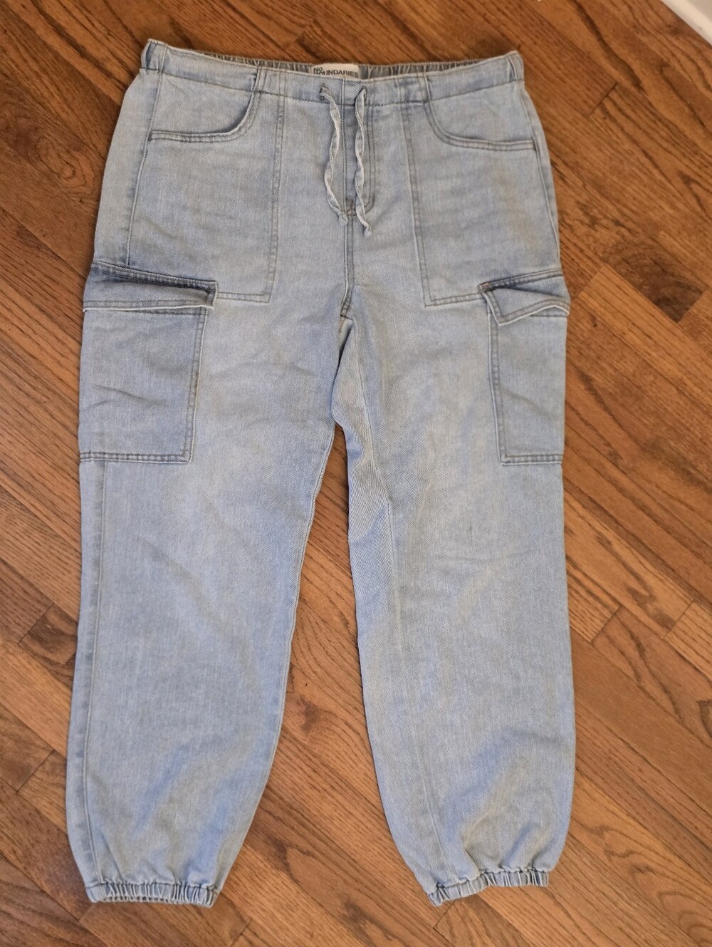 No Boundaries Light Blue Denim Drawstring Cargo Jogger Pants Size Large